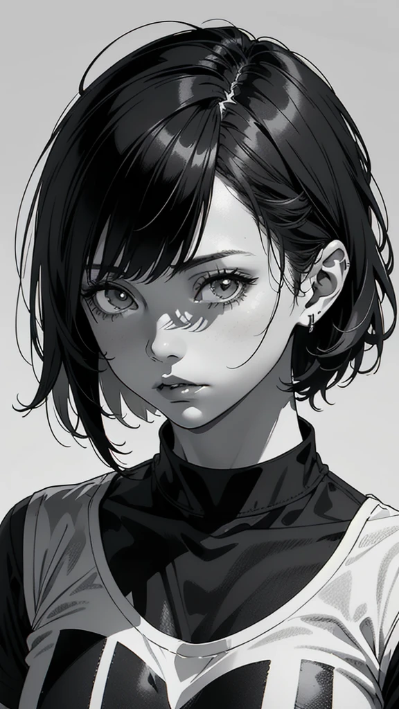 1 boyish girl, solo, sharp eyes, monochrome, greyscale, short black hair, portrait, T-shirt, closed mouth, looking at viewer, sketch, graphite \(medium\), detailed lips, hatching \(texture\), without makeup, bangs, upper body, (best illustration), (best quality), (very detailed), (masterpiece), expressionless,