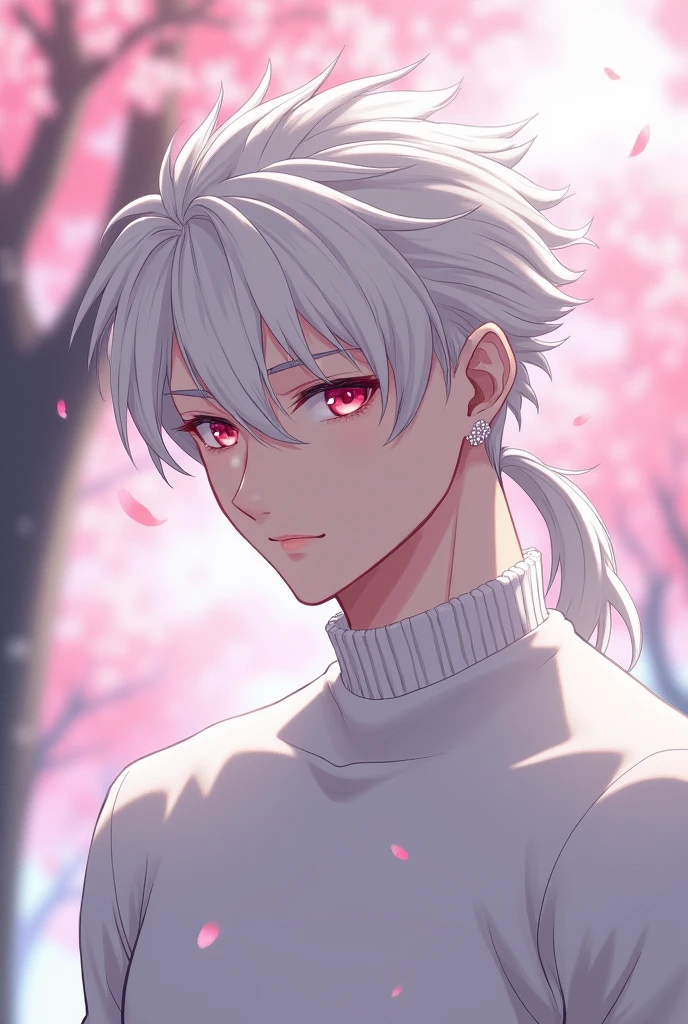 anime character, White hair, spiky hair, Pale skin, pink eyes, Long white eyelashes, male, muscular, white small earrings, big glossy lips, cherry blossom trees, grey eyebrows, white sweater, ponytail 