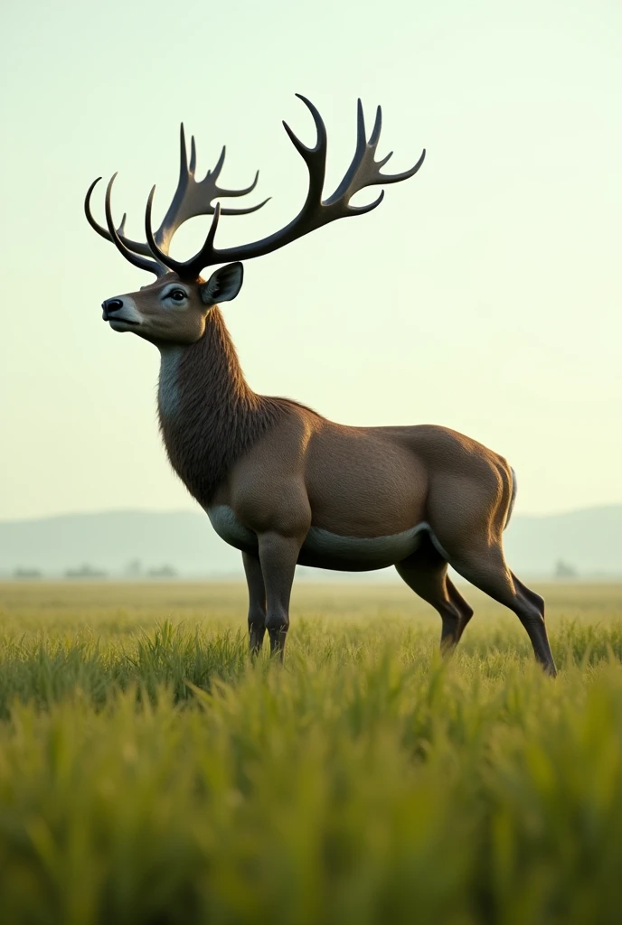 a deer with horns on a field with grass in the style of a 3D model side view from afar