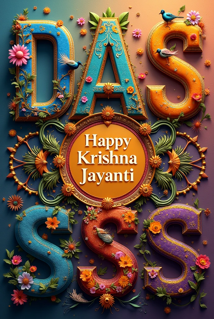 Generate a collage wishing happy Krishna jayanthi to letters "D","A","S","S". Middle part should contain the wish and around it the letters. Make it beautiful. ONLY 4 LETTERS D,A,S,S with the happy krishna jayanti wish in middle don't add any other letters than D A S S