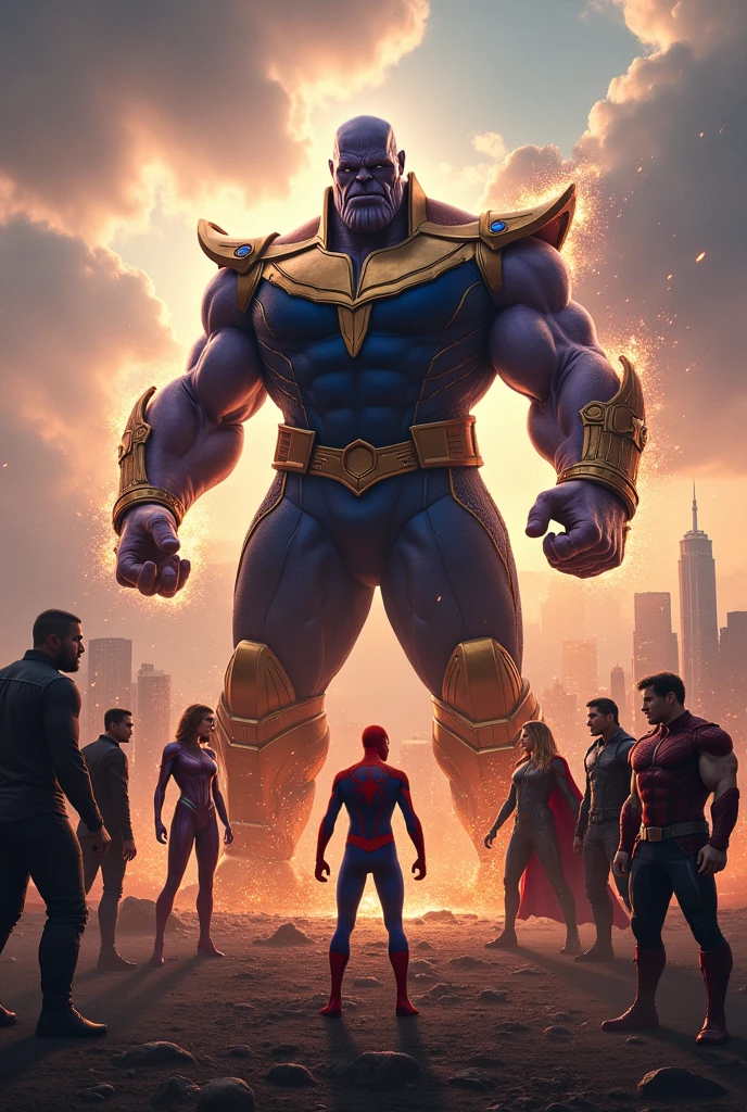 Spiderman fighting with Thanos in front all  Avengers 
