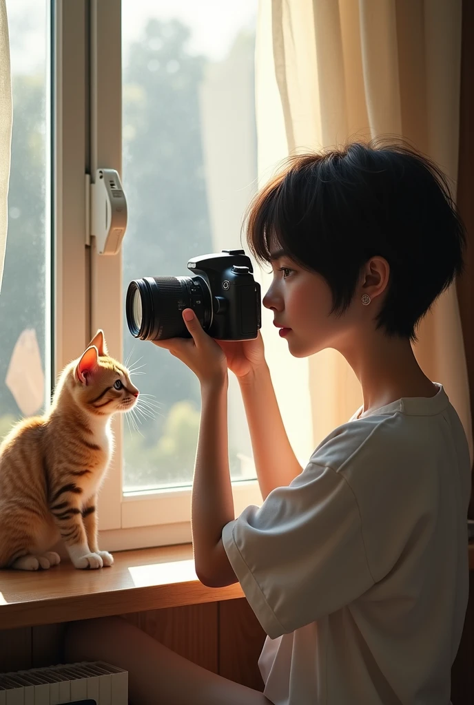 Generate a picture of a girl with a short haircuts till the neck taking a picture of a cat with her DSLR camera near the window