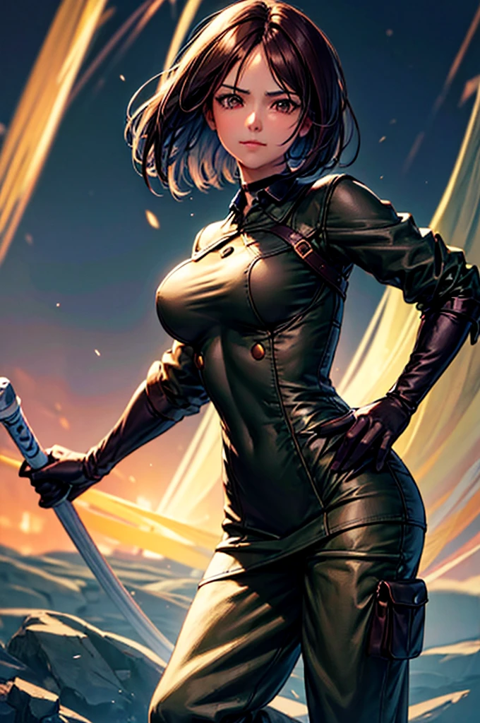(at night), in a video game scene in the background, a beautiful city at night, raining, alone, standing looking straight ahead, military clothing with military green skirt and pants, black gloves, semi-short hair, ((semi-short hair)), 1 girl, 30 years old, young woman, perfect hands, Beautiful fingers, Beautiful long legs, Beautiful body, Beautiful nose, Beautiful character design, perfect face, looking straight at the viewer with a serious gesture, very upset looking at the viewer, she has a black whip in her hand (focusing on her face), closed mouth, smile_light, official art, extremely detailed CG unity 8k wallpaper, perfect lighting, bright and colorful front lighting, skin glossy (masterpiece: 1.0), (best_quality: 1.0), ultra high resolution, 4k, ultra detailed photography, 8K, hdr, high resolution, nonsense:1.2, Kodak portrait 400, film grain, blurred background, bokeh:1.2 , Lens flare, (vibrant_color:1.2), professional photography, (Beautiful, breasts: 1.4), (Beautiful_face: 1.5), (narrow waist),