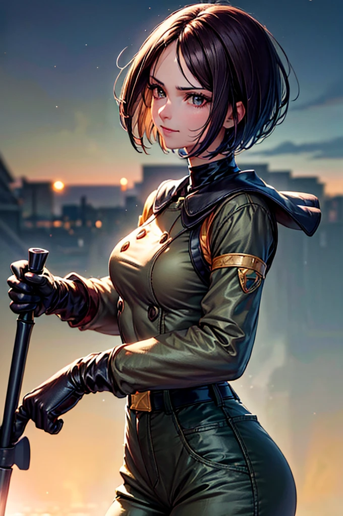 (at night), in a video game scene in the background, a beautiful city at night, raining, alone, standing looking straight ahead, military clothing with military green skirt and pants, black gloves, semi-short hair, ((semi-short hair)), 1 girl, 30 years old, young woman, perfect hands, Beautiful fingers, Beautiful long legs, Beautiful body, Beautiful nose, Beautiful character design, perfect face, looking straight at the viewer with a serious gesture, very upset looking at the viewer, she has a black whip in her hand (focusing on her face), closed mouth, smile_light, official art, extremely detailed CG unity 8k wallpaper, perfect lighting, bright and colorful front lighting, skin glossy (masterpiece: 1.0), (best_quality: 1.0), ultra high resolution, 4k, ultra detailed photography, 8K, hdr, high resolution, nonsense:1.2, Kodak portrait 400, film grain, blurred background, bokeh:1.2 , Lens flare, (vibrant_color:1.2), professional photography, (Beautiful, : 1.4), (Beautiful_face: 1.5), (narrow waist),