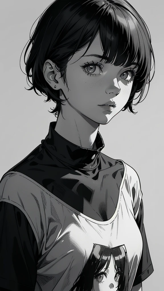 1 boyish girl, solo, sharp eyes, monochrome, greyscale, short black hair, portrait, T-shirt, closed mouth, looking at viewer, sketch, graphite \(medium\), detailed lips, hatching \(texture\), without makeup, bangs, upper body, (best illustration), (best quality), (very detailed), (masterpiece), expressionless,