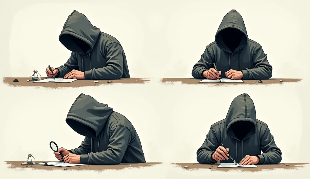 four panels featuring a mysterious figure in a hooded sweatshirt, performing various activities like using a magnifying glass