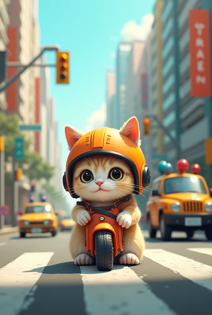 A cute cat participating in traffic wearing a helmet