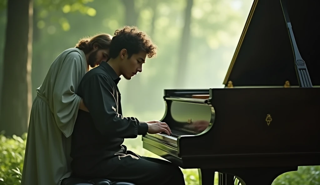 A serene scene of a sad male pianist playing a grand piano in the middle of a lush forest, Jesus gently hugging the pianist from behind, soft ambient lighting filtering through the trees, highly detailed, cinematic atmosphere,tranquil and mystical setting, 4k resolution