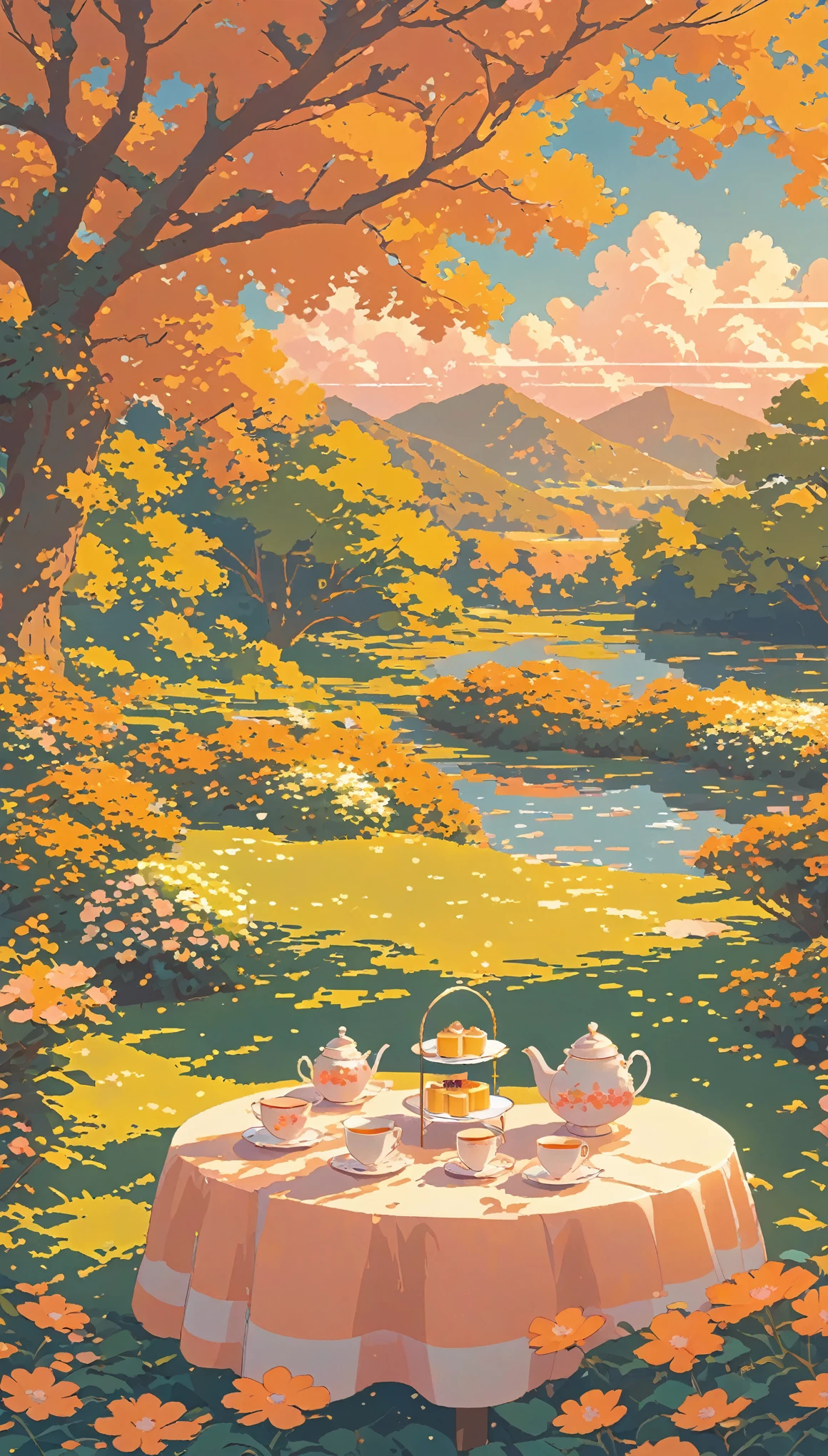 There is a painting of a table with tea cups and a teapot on it - SeaArt AI