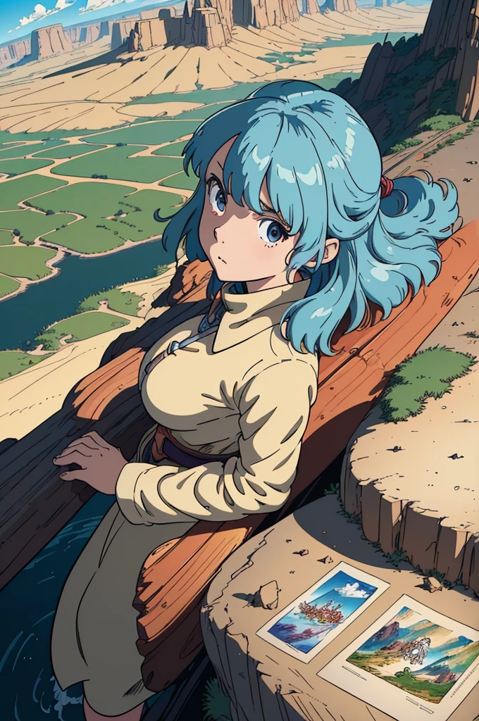 (masterpiece, best quality;1.3), extremely detailed picture, ultra detailed,nauskaavalofw, valley of the wind in the background, hayao miyazaki,1girl, solo,  comics, bust shot, from above, looking at viewer,