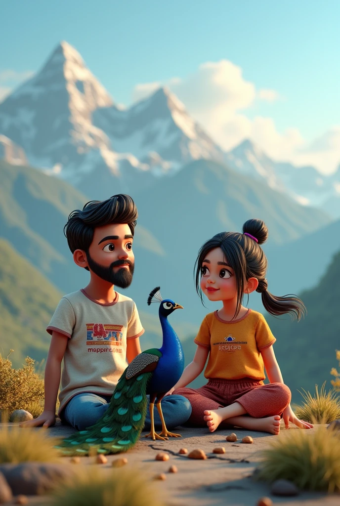 create a 3D image of 2 beard nepali boy and 20 years old nepali girl , who is sitting next to Krishna ji and Kristen ji playing the flute, they both sit together on the mountain, boy wearing T-shirt name pradip written on it ,and girl wearing T-shirt name Tunisha written on it , haven like beautiful view background, peacock dancing , realistic image and boy and girl is in barefoot