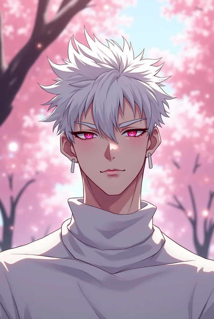 anime character, White hair, spiky hair, Pale skin, pink eyes, Long white eyelashes, male, muscular, white small earrings, big glossy lips, cherry blossom trees, grey eyebrows, white sweater,