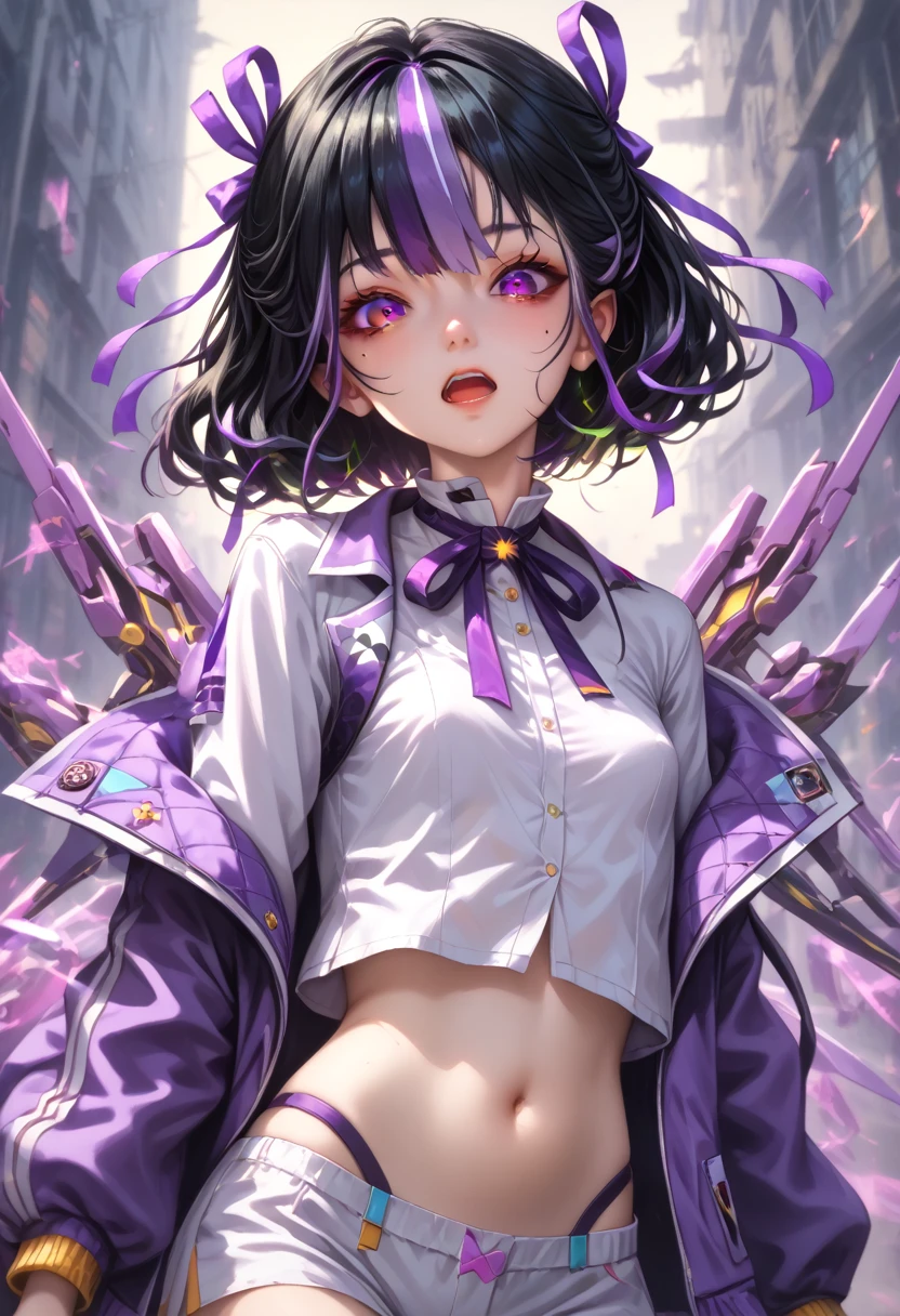 syuen (nikke), highres, black hair, purple hair, purple eyes, 1girl, mole under eye, streaked hair,

purple ribbon, absurdres, navel, hair ribbon, small breasts, looking at viewer, open mouth, short hair, purple

jacket, white shirt,score_9, score_8_up,score_7_up, masterpiece, best quality, perfect anatomy, very aesthetic, 8k