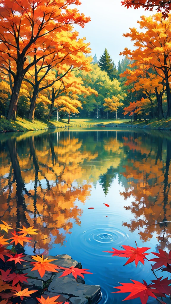 Prompt: an anime-style landscape featuring a solitary wooden bench positioned by the edge of a tranquil lake. The surface of the lake is mirror-like, reflecting the autumn trees that line its shore. The leaves are a mix of warm oranges, reds, and yellows, gently falling onto the still water. The atmosphere is quiet and contemplative, with a soft breeze rustling the leaves.