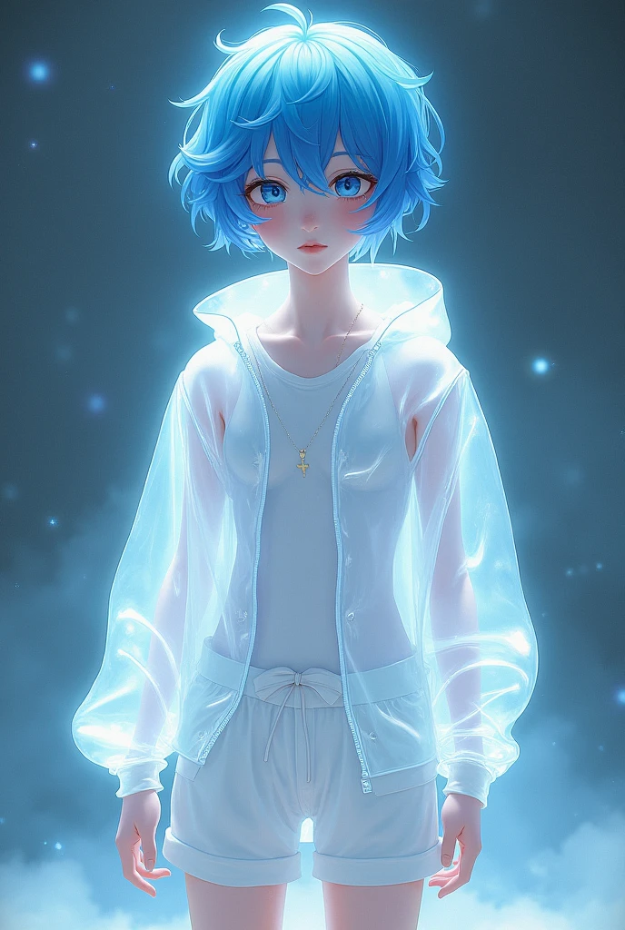 Boy jacket transparency
,half shorts,legs showing, white skin tone ,blue hairs
