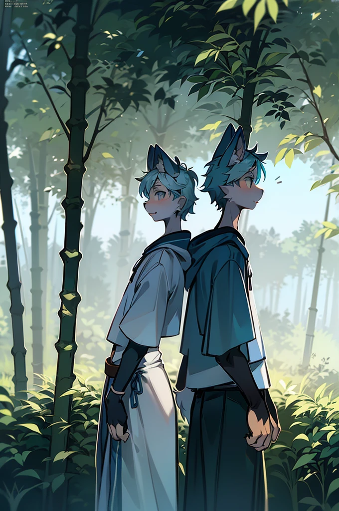 Anime style image of a dog family wearing blue and white sweatshirts standing in the forest,White and blue hair，Bamboo forest background，Leaning on bamboo，Young style，about，male，Single Role聚焦，Heavy lines，Comic Style，Side view，Looking sideways ahead，Single Role，