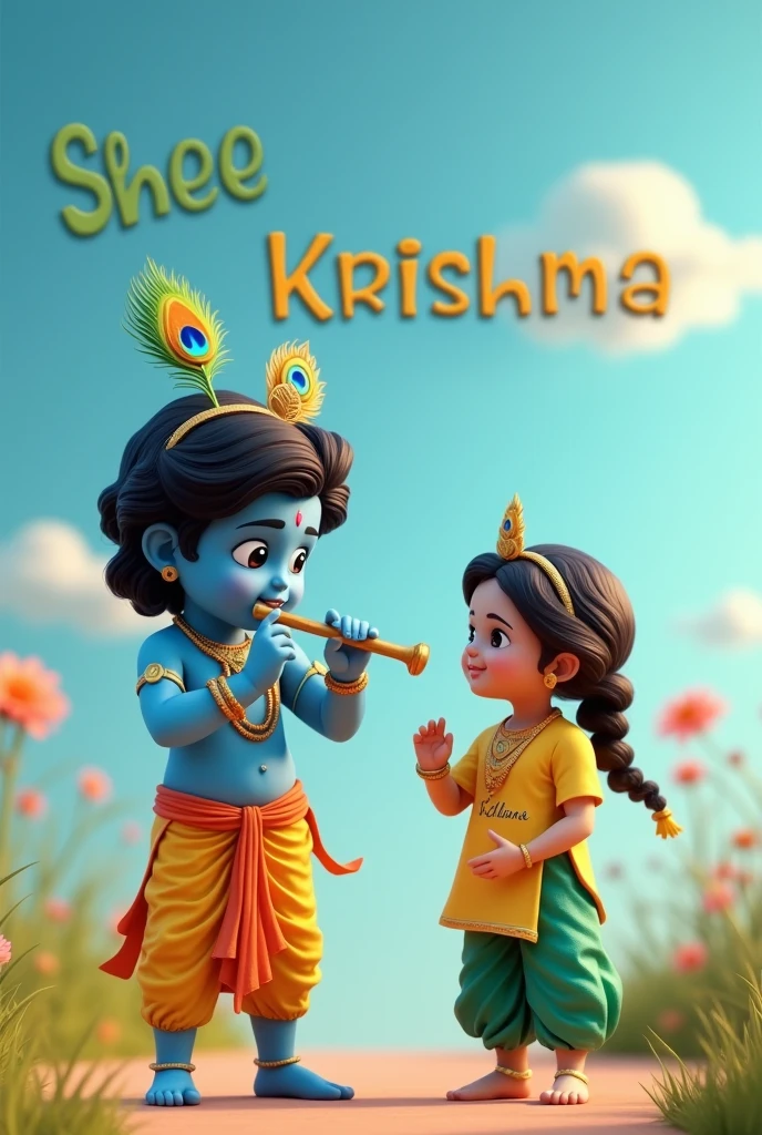 "Create a 3D image of Lord Krishna in his 'Little Krishna' avatar, shown as a divine child with blue skin, adorned with a peacock feather in his crown, wearing a traditional yellow dhoti, and playing a flute. Beside him, include an 1 girl wearing a green salwar and yellow kurti with the name 'Vandana' written on the kurti. The background should feature a clear blue sky with 'Shree Krishna' written in a combination of yellow and green colors. The scene should be joyful and divine, with vibrant colors and soft natural lighting."