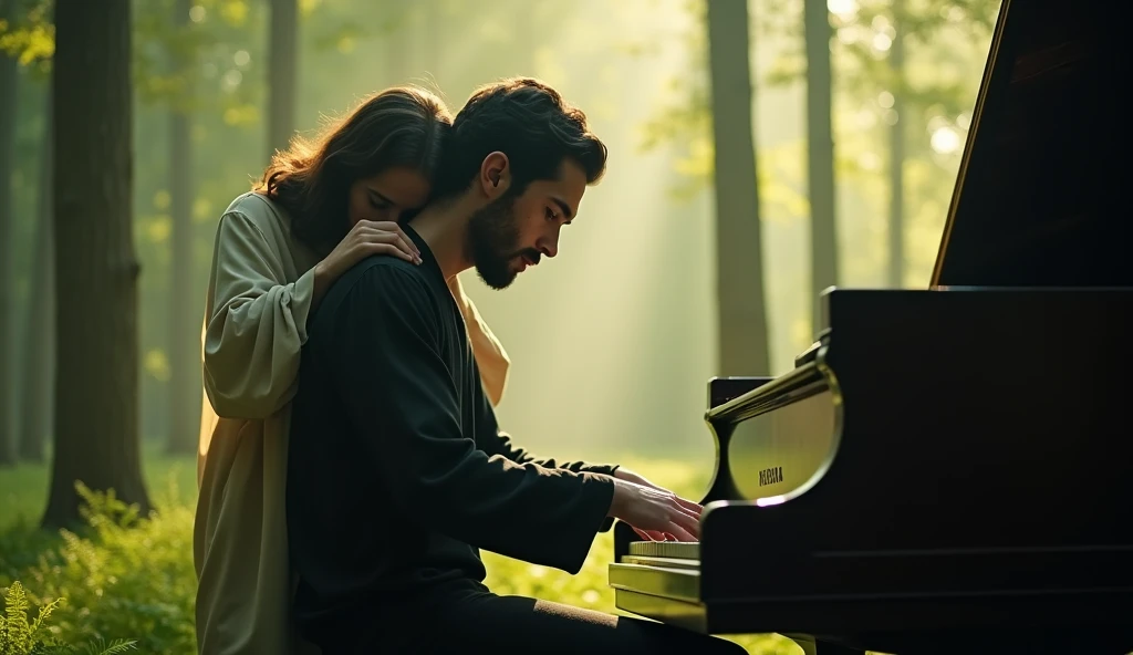 A serene scene of a sad male pianist playing a grand piano in the middle of a lush forest, Jesus gently hugging the pianist from behind, soft ambient lighting filtering through the trees, highly detailed, cinematic atmosphere,tranquil and mystical setting, 4k resolution