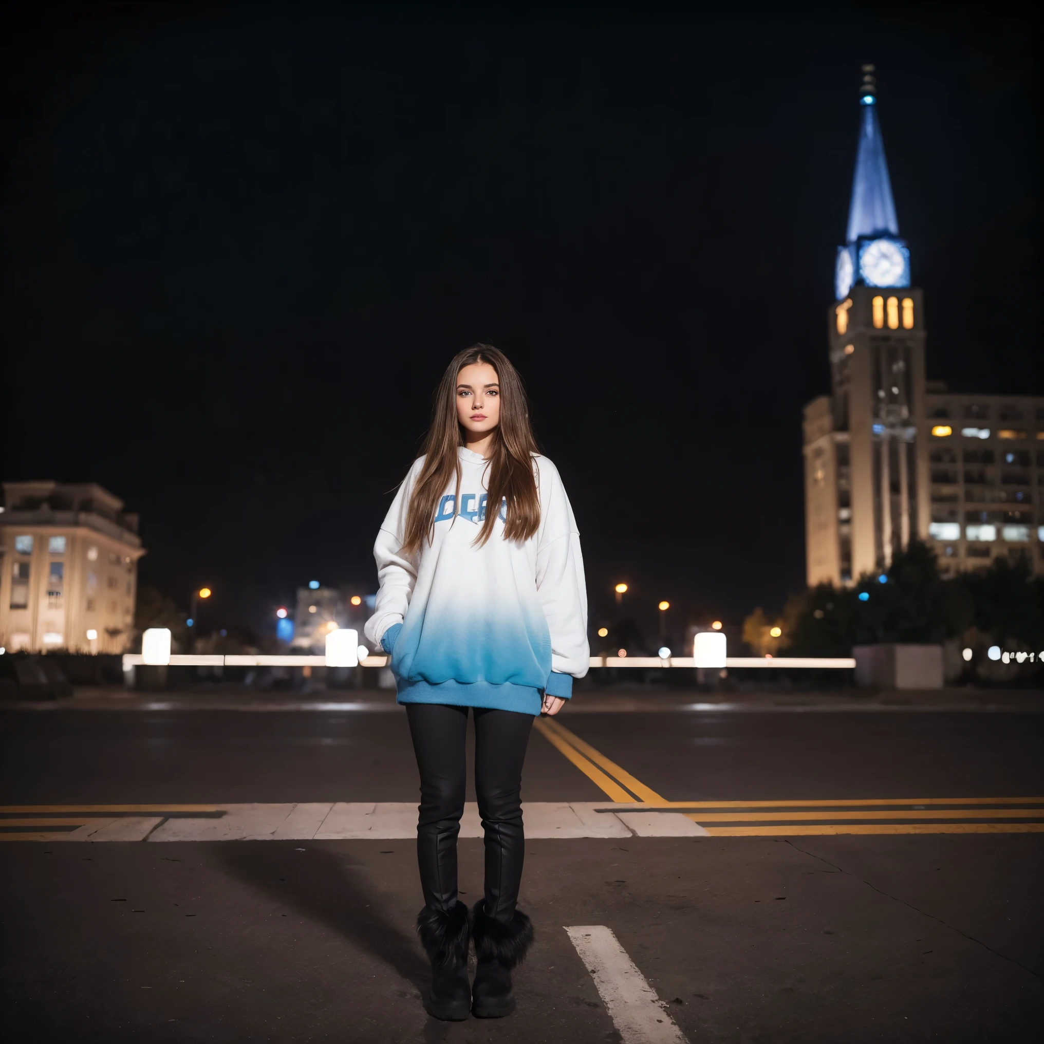 ombré brunette balayage hair, beautiful blue eyes, off-white sweatshirt, seamless black leggings, black leggings, fuzzy faux fur boots, ugg style boots, Ukraine night city background, full body portrait, raw photo.