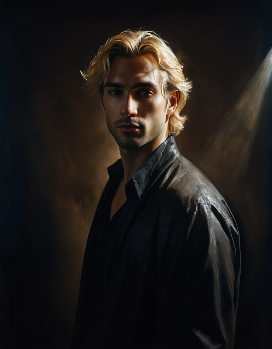 painting of a handsome man, blond, dark atmosphere, cinematic scene, volumetric lights, ultra realistic, in the style of nicola samori