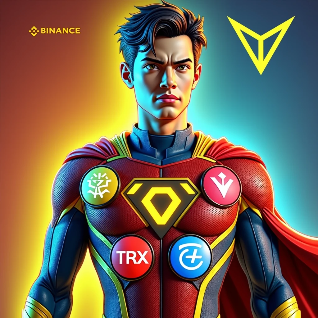 Create a superhero character standing confidently against a gradient background, with a color theme of red, yellow, and blue. The character should have short, wavy black hair and a serious, focused expression with large eyes. The superhero's costume should incorporate the red, yellow, and blue color scheme, with the Binance (BNB) logo in yellow, the Tron (TRX) logo in red, and the TON (The Open Network) logo in blue prominently displayed on the chest, each logo clearly visible and distinct. The suit should have sleek and modern design elements, with gold accents for added detail, blending the logos seamlessly into the overall superhero theme. The background should enhance the color theme with complementary gradient tones.