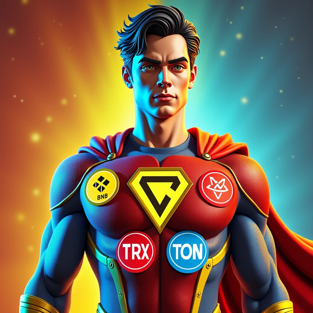 Create a superhero character standing confidently against a gradient background, with a color theme of red, yellow, and blue. The character should have short, wavy black hair and a serious, focused expression with large eyes. The superhero's costume should incorporate the red, yellow, and blue color scheme, with the Binance (BNB) logo in yellow, the Tron (TRX) logo in red, and the TON (The Open Network) logo in blue prominently displayed on the chest, each logo clearly visible and distinct. The suit should have sleek and modern design elements, with gold accents for added detail, blending the logos seamlessly into the overall superhero theme. The background should enhance the color theme with complementary gradient tones.