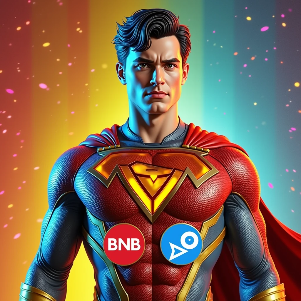 Create a superhero character standing confidently against a gradient background, with a color theme of red, yellow, and blue. The character should have short, wavy black hair and a serious, focused expression with large eyes. The superhero's costume should incorporate the red, yellow, and blue color scheme, with the Binance (BNB) logo in yellow, the Tron (TRX) logo in red, and the TON (The Open Network) logo in blue prominently displayed on the chest, each logo clearly visible and distinct. The suit should have sleek and modern design elements, with gold accents for added detail, blending the logos seamlessly into the overall superhero theme. The background should enhance the color theme with complementary gradient tones.