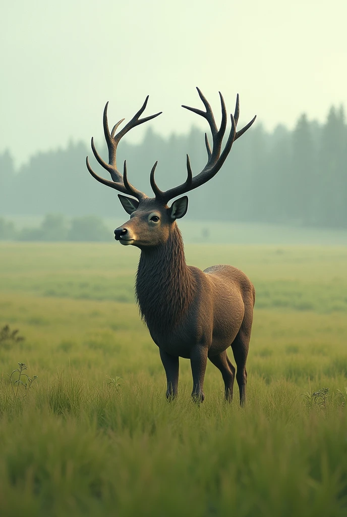 a deer with horns on a field with grass in the style of a 3D model side view from afar