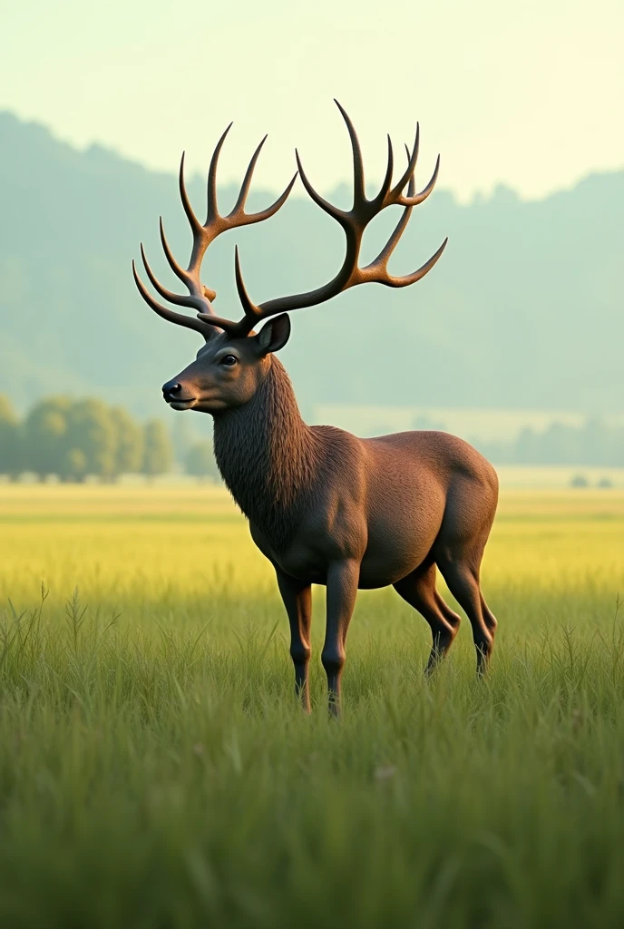 a deer with horns on a field with grass in the style of a 3D model side view from afar