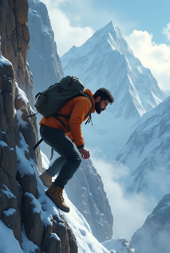 A 30 years Indian young boy is slipping and falling from kailash mountain, his back side should be displayed. He has thin light beard and wears bag