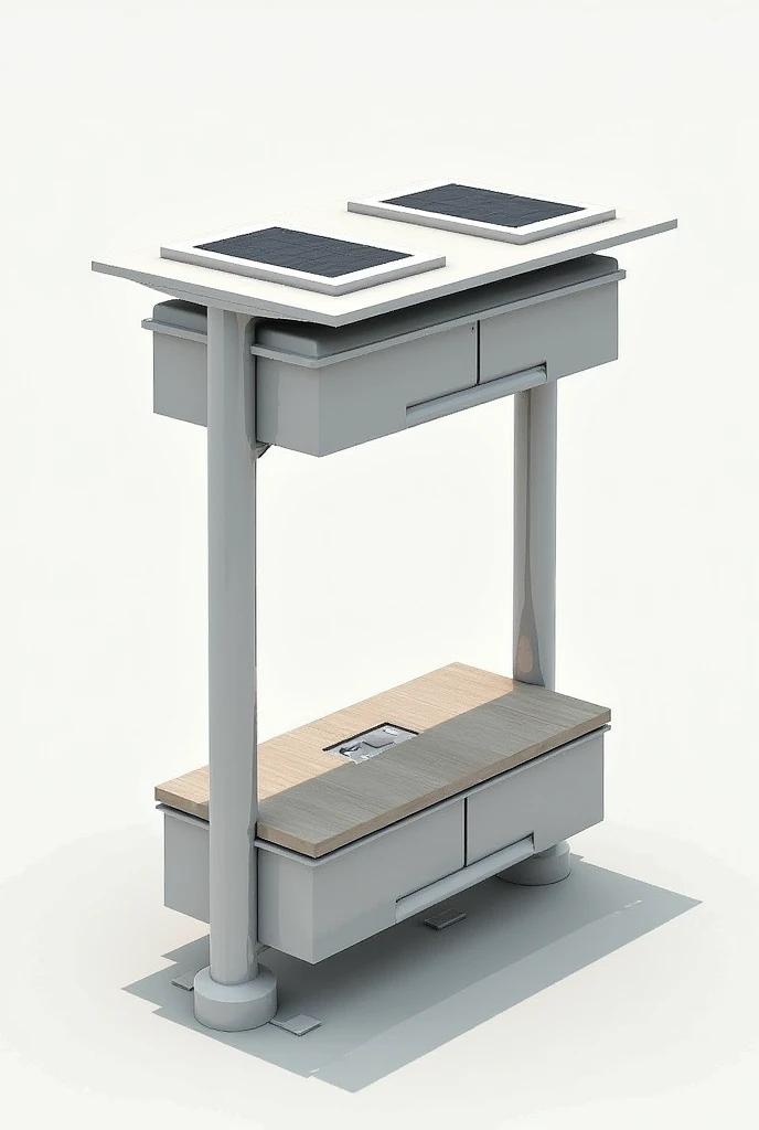 Product with two solar panels supported by tubes, At the base there is an area to store electrical components, that has a simple design, modular, easy to transport and allows people to sit.