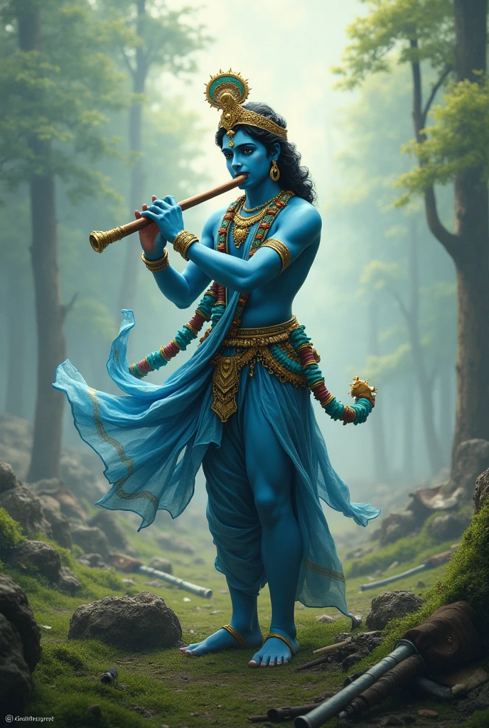Lord Krishna playing flute in war field