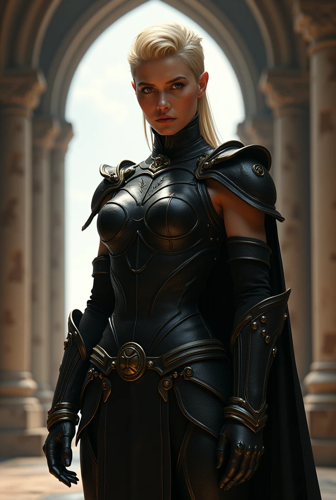 In a Western castle, a blonde woman wearing black armor, with a professional wrestler's physique, a serious expression, and very short hair slicked back, exposing her forehead.