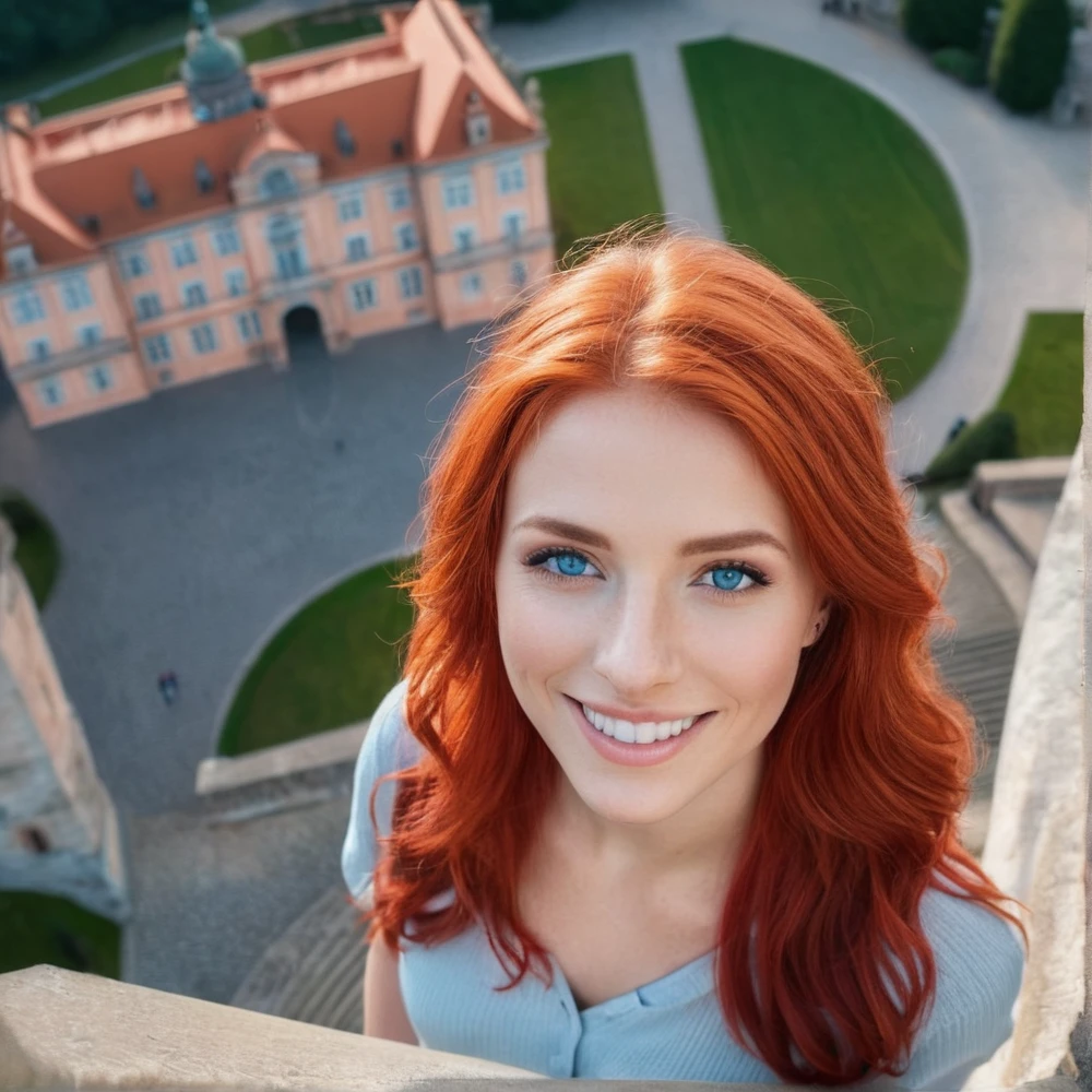 Elena Fernades, Fiery red hair, bright blue eyes, stands in Potsdam in front of the famous castle on the steps, dressed sportily and smiling from above into the camera. ultra-realistic photo
