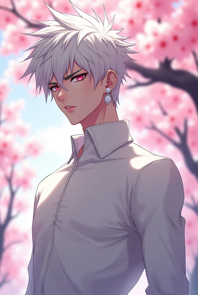 anime character, White hair, spiky hair, Pale skin, pink eyes, Long white eyelashes, male, muscular, white small earrings, big glossy lips, cherry blossom trees, grey eyebrows, white sweater,