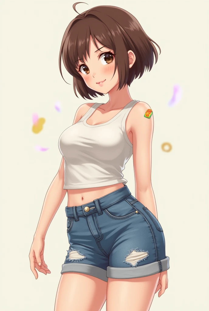 Short brown hair with short jeans shots and anime chest