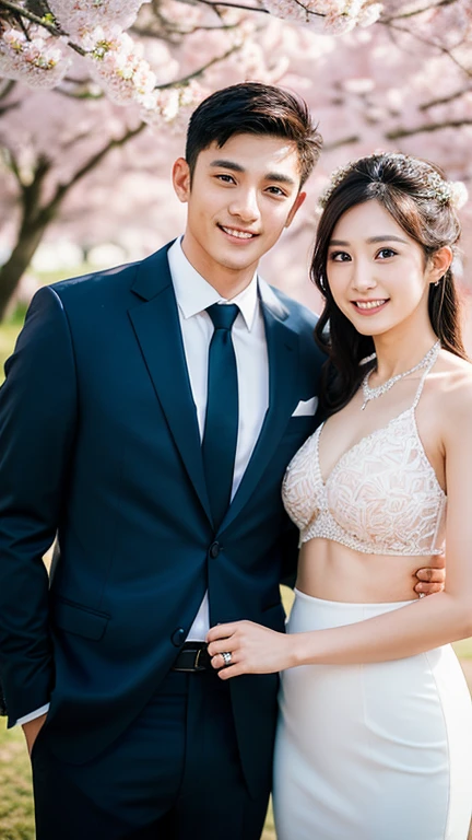 A handsome man and beautiful woman get married. Both are in their early twenties. The two looked at the camera with smiles on their faces.They are Wearing bikini. Japan. logging park. Cherry blossoms. mangrove. night view. whole body. wide angle, best quality, Excellent details, ultra high resolution