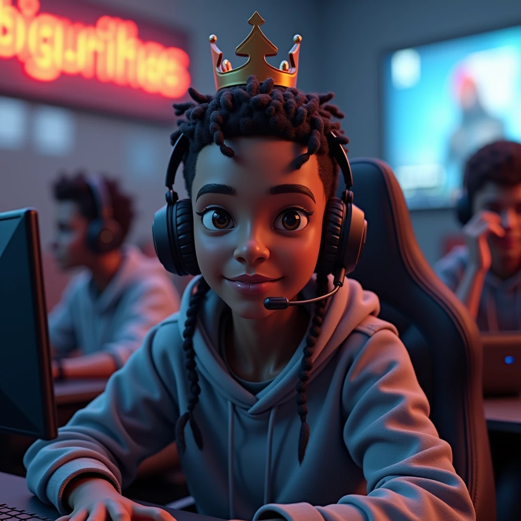 A 3D render of a medium shot of a brown-skinned young man with braids and a crown playing Warzone. He is wearing a hoodie and has a headset. Behind him, there's a sign that says "BIGURILHAS". The background is a room with a few other people.