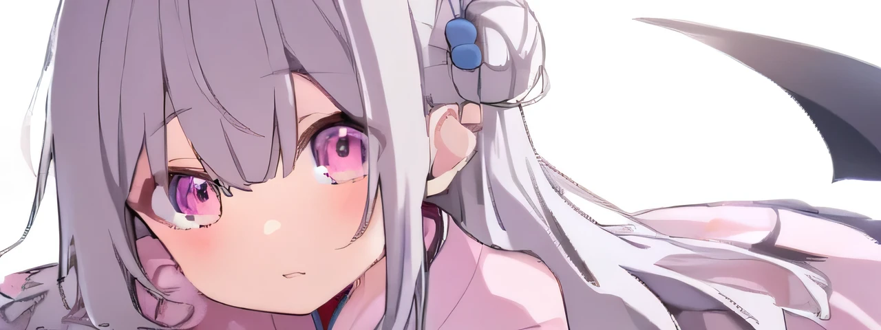 Gray Hair、Bun Twin、Long Hair、Pink Kimono、Pink、Pink Eyes、1 person、mysterious。