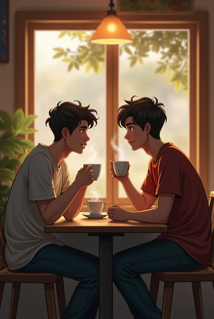 Hai anh em trai ngồi uống cafe


