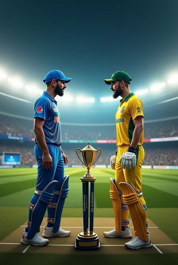 Rohit Sharma and pat Cummins stand in cricket stadium & Trophy placed in the middle 