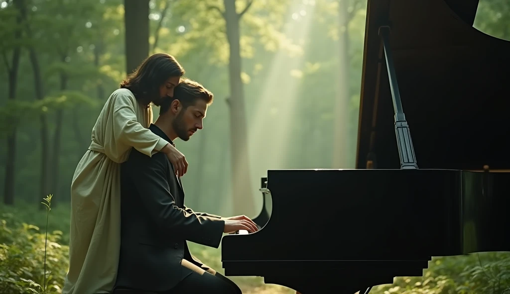 A serene scene of a sad male pianist playing a grand piano in the middle of a lush forest, Jesus gently hugging the pianist from behind, soft ambient lighting filtering through the trees, highly detailed, cinematic atmosphere,tranquil and mystical setting, 4k resolution