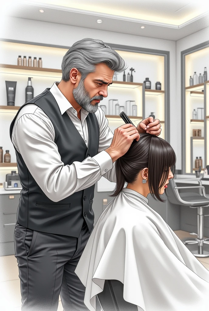 Drawing of a gray-haired man cutting someone's hair in a hair salon.