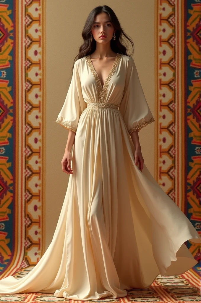 Beige dress with background of ethnic design with 2 complementary colors