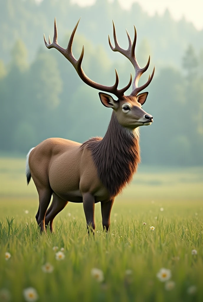 deer with antlers on a field with grass in the style of 3d model realism view from the side in from afar from different sides