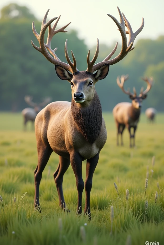 deer with antlers on a field with grass in the style of 3d model realism view from the side in from afar from different sides