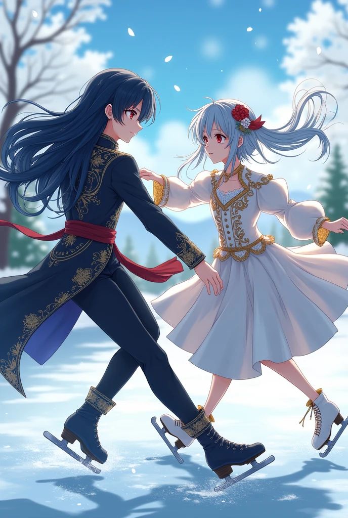 Anime boy with sharp red eyes, long dark blue hair, and fair skin, wearing beautiful and fancy clothes to go ice skating with his friend Boy skating with boy. fataa 'anim
