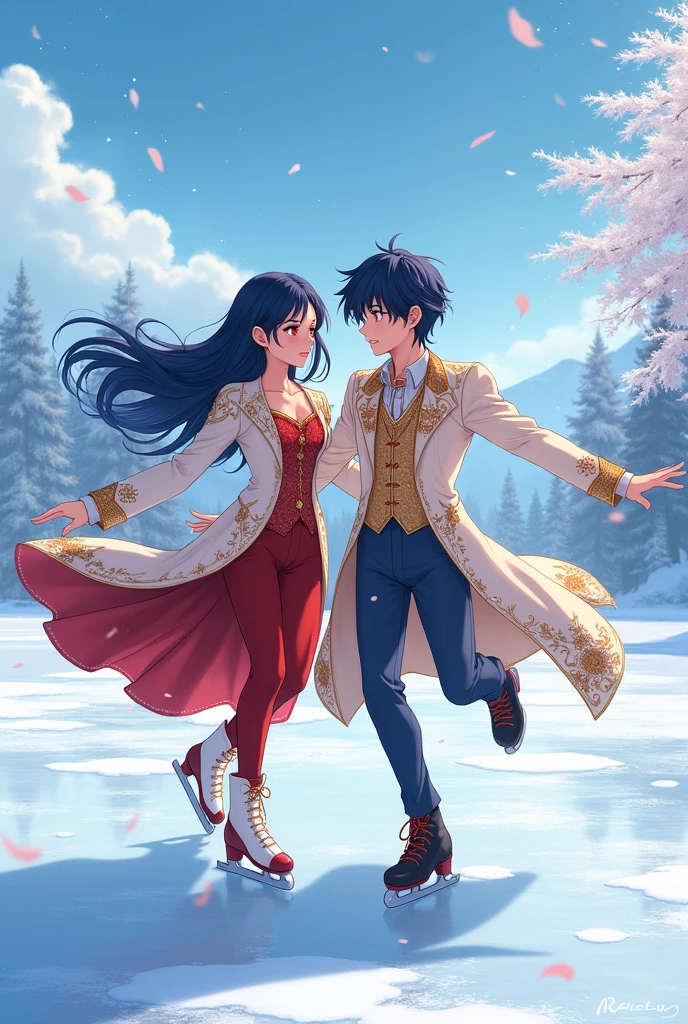 Anime boy with sharp red eyes, long dark blue hair, and fair skin, wearing beautiful and fancy clothes to go ice skating with his friend Boy skating with boy. fataa 'anim
