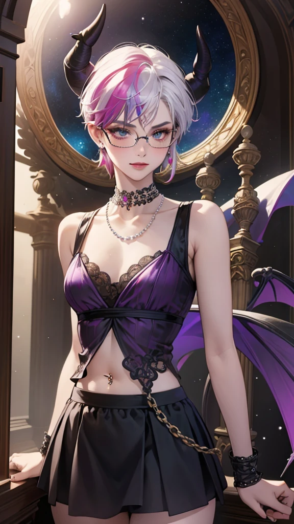 8k, masterpiece, best quality, highly detailed, 1 girl, tiefling, warlock, pixie cut, multicolored hair, very short straight hair red highlight hair on white hair, strippled hair, wearing glasses, round glasses, earrings, navel piercing, red eyeshadow, long eyelashes, blushed cheek, red lips, pearl necklace, rings, collarbone, mole on face, glamorous, teal and purple clothes, sleeveless, miniskirt, smirk, close up view, rings, looking at viewer, demon horns, solo, starry sky, pale blue moon, standing, boxing stance, demonic arms, chains on the background, black transparent laced gloves.