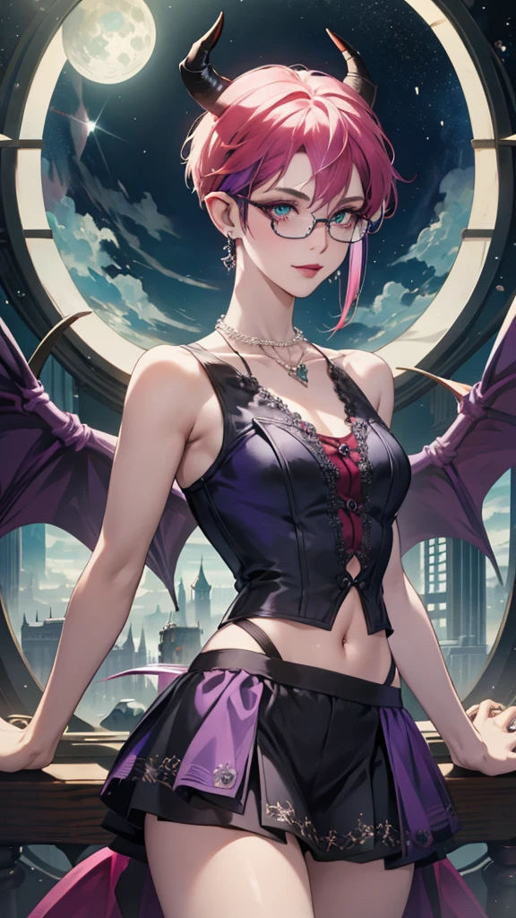 8k, masterpiece, best quality, highly detailed, 1 girl, tiefling, warlock, pixie cut, multicolored hair, very short straight hair red highlight hair on white hair, strippled hair, wearing glasses, round glasses, earrings, navel piercing, red eyeshadow, long eyelashes, blushed cheek, red lips, pearl necklace, rings, collarbone, mole on face, glamorous, teal and purple clothes, sleeveless, miniskirt, smirk, close up view, rings, looking at viewer, demon horns, solo, starry sky, pale blue moon, standing, boxing stance, demonic arms, chains on the background, black transparent laced gloves.